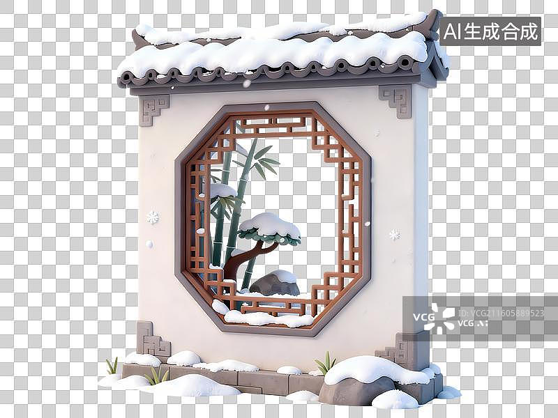 【AI数字艺术】中式园林窗框园景雪松积雪冬天3D卡通C4D渲染插画元素图片素材