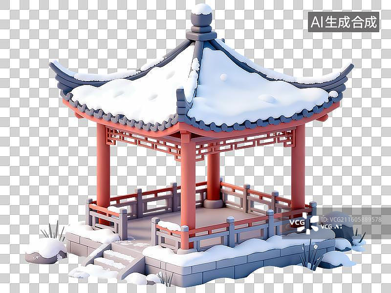 【AI数字艺术】积雪的六角亭子3D卡通C4D渲染插画元素图片素材