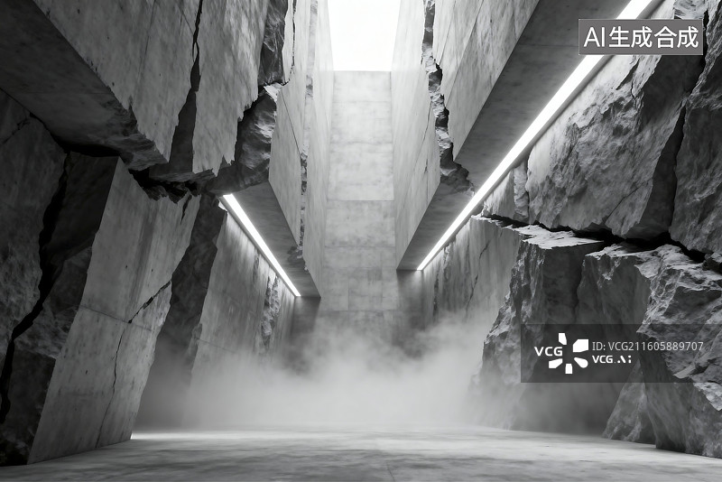 【AI数字艺术】带有裂缝墙体和雾气的混凝土结构图片素材