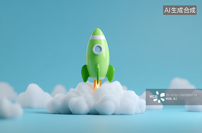【AI数字艺术】绿色火箭升空云朵间图片素材