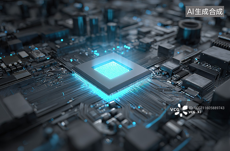 【AI数字艺术】发光芯片电路板特写图片素材