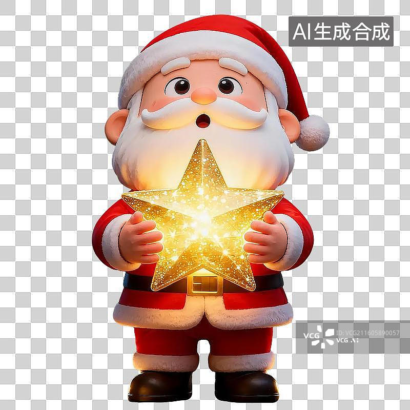 【AI数字艺术】3D圣诞节抱着发光圣诞星星惊奇的圣诞老人插画免抠元素图片素材