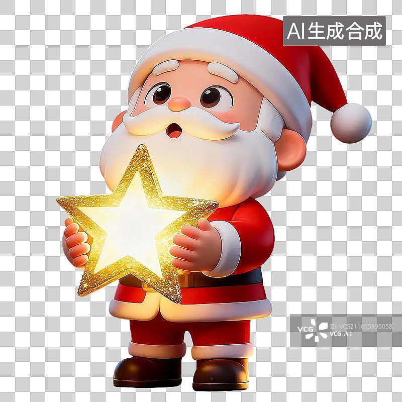 【AI数字艺术】3D圣诞节抱着发光圣诞星星惊奇的圣诞老人插画免抠元素图片素材