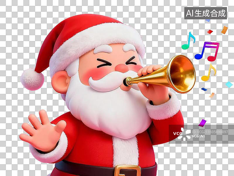 【AI数字艺术】3D圣诞节陶醉吹喇叭的圣诞老人插画免抠元素图片素材