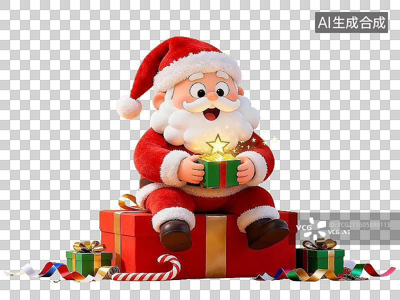 【AI数字艺术】3D圣诞节兴奋拆礼物的圣诞老人插画免抠元素图片素材