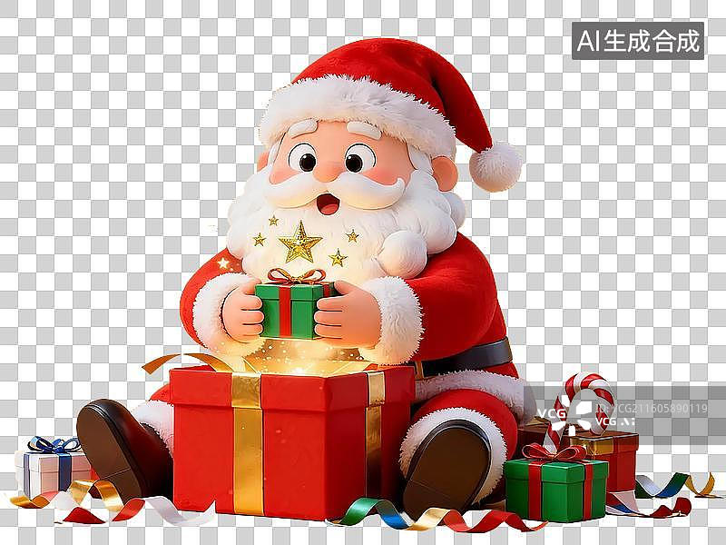 【AI数字艺术】3D圣诞节兴奋拆礼物的圣诞老人插画免抠元素图片素材