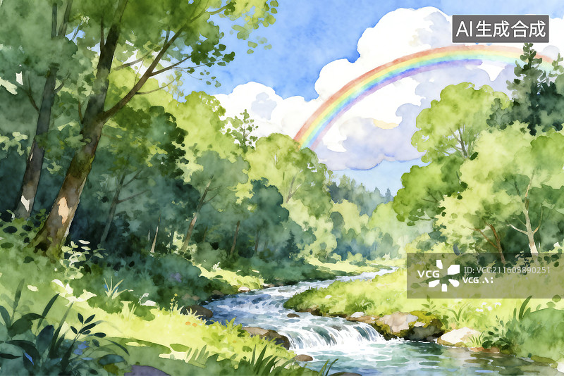 【AI数字艺术】绿树溪流与彩虹的自然美景图片素材