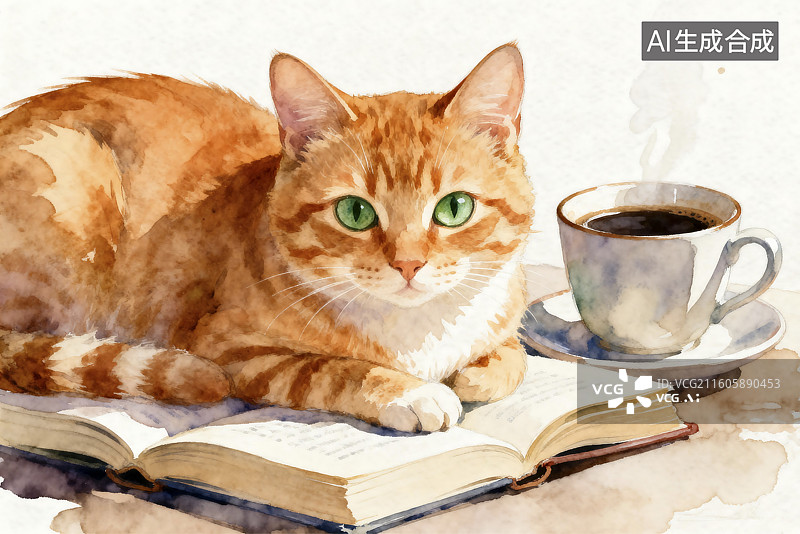 【AI数字艺术】橙猫卧书旁与咖啡相伴图片素材