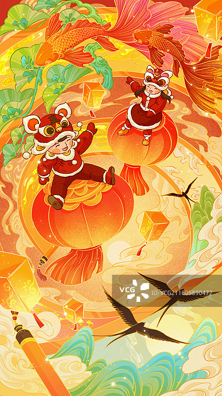 春节喜庆锦鲤卷轴插画图片素材