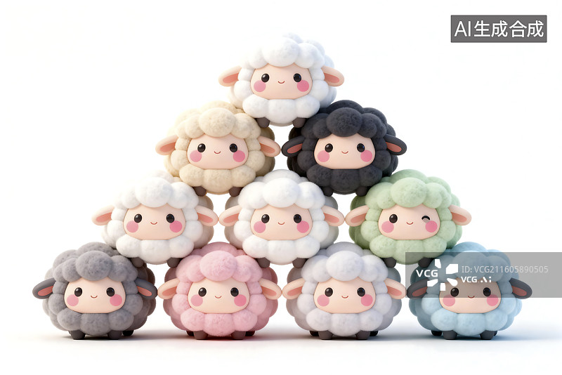 【AI数字艺术】色彩多样的毛绒小羊金字塔图片素材