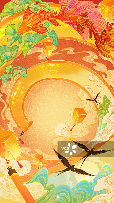 春节喜庆锦鲤卷轴插画图片素材