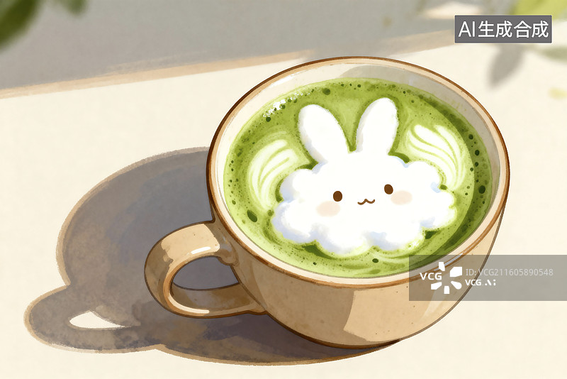 【AI数字艺术】可爱抹茶拿铁配兔子泡沫艺术图片素材
