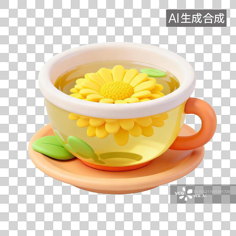 【AI数字艺术】3D拟物风格二十四节气秋天处暑元素暑气消退菊花茶图片素材