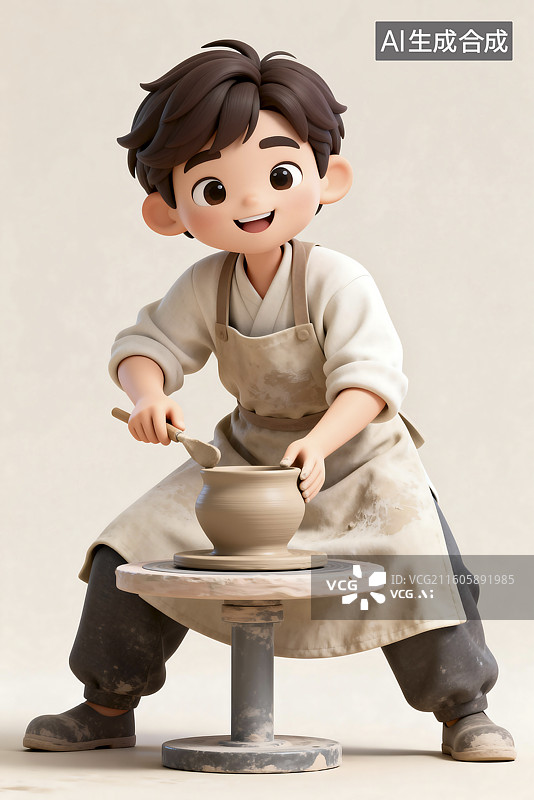 【AI数字艺术】男孩专注陶艺制作图片素材