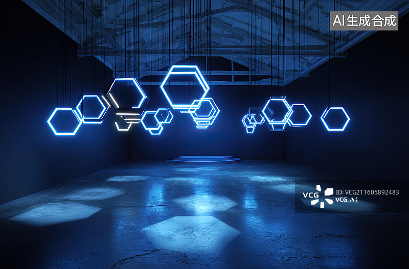【AI数字艺术】蓝色霓虹六边形光影装置图片素材