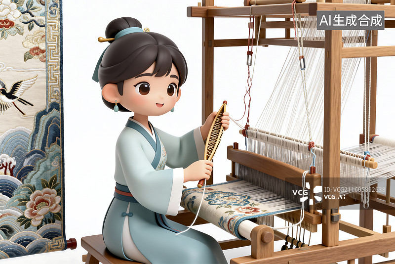 【AI数字艺术】可爱卡通女孩操作传统织布机图片素材