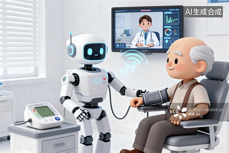 【AI数字艺术】机器人协助老人远程医疗测血压图片素材