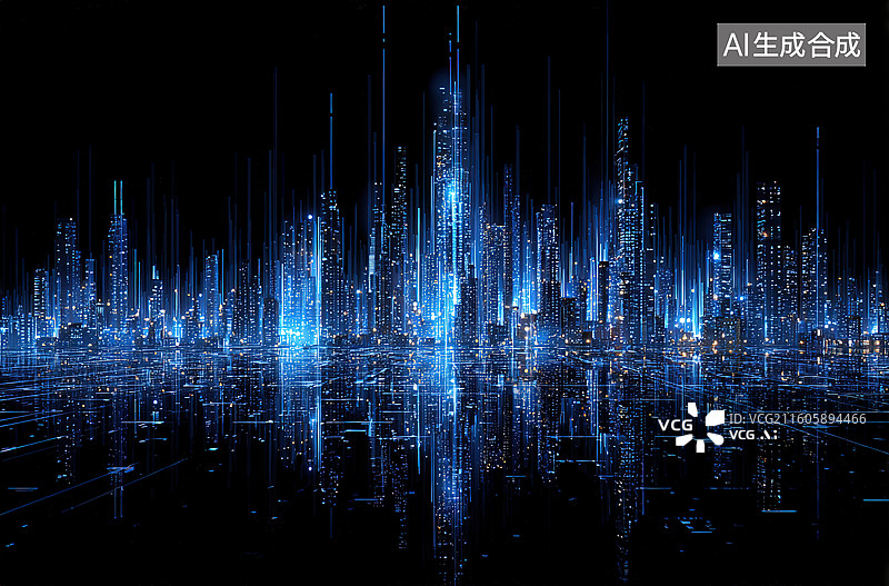 【AI数字艺术】蓝色光柱城市夜景图片素材