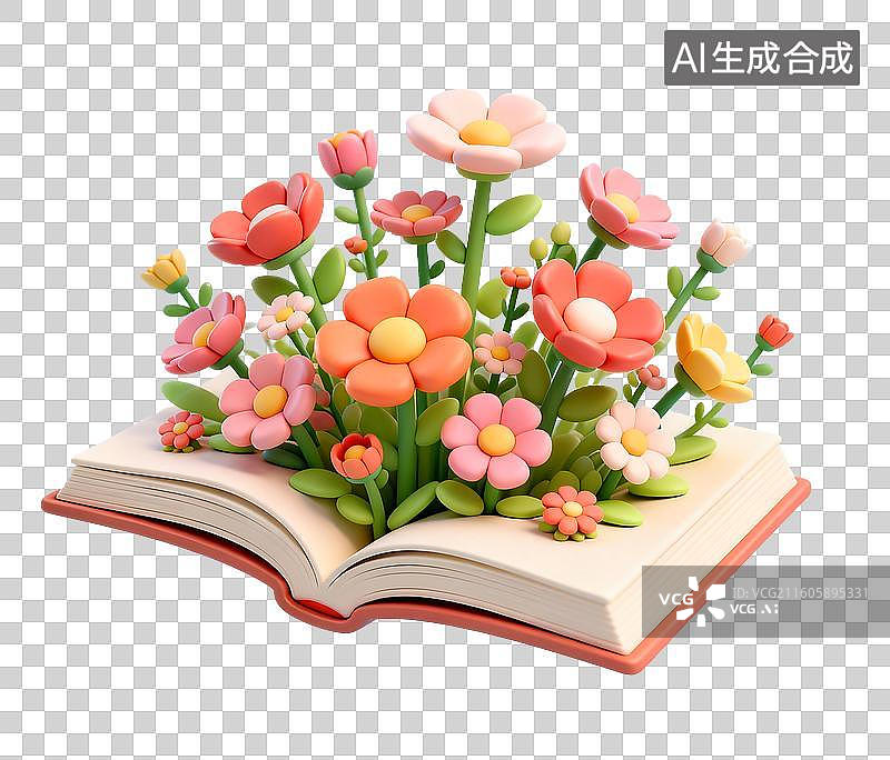 【AI数字艺术】书上盛开的花3D免抠元素图片素材