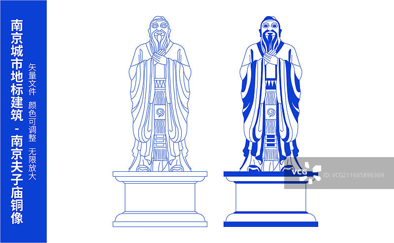南京夫子庙铜像城市地标建筑线条矢量插画海报设计模板图片素材
