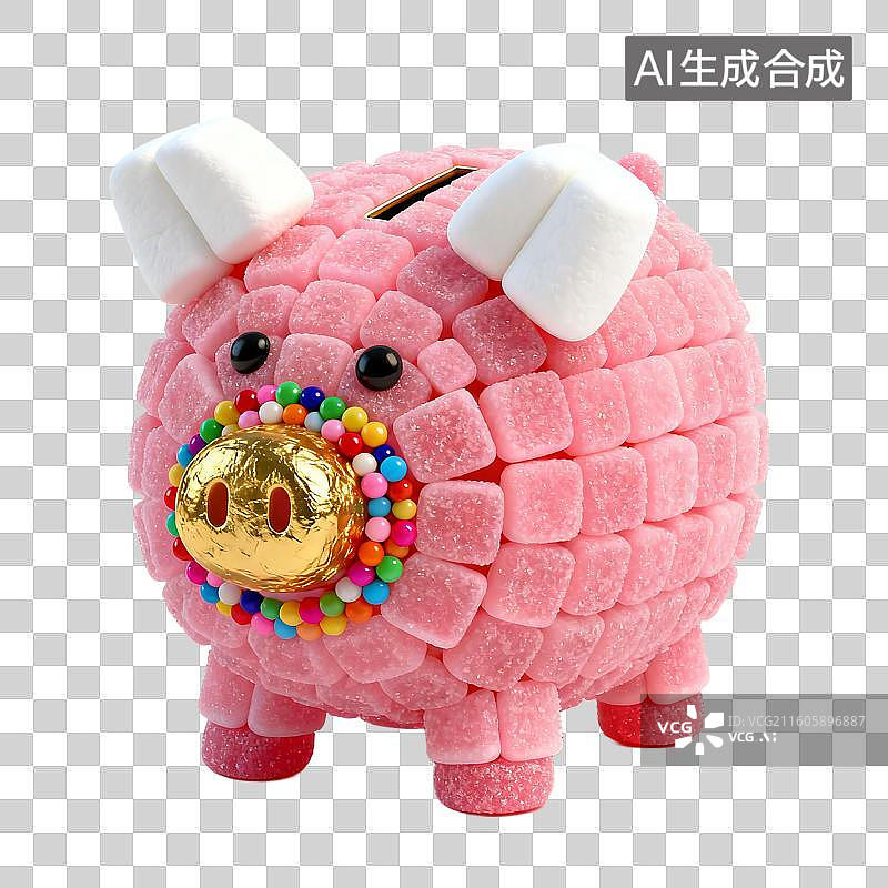 【AI数字艺术】用彩色糖果制作的可爱粉色小猪存钱罐图片素材