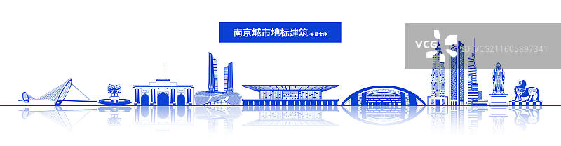 南京城市地标建筑群线条矢量插画海报图片素材