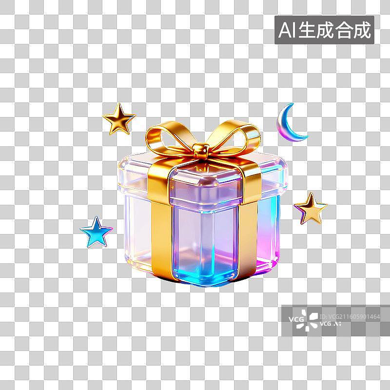 【AI数字艺术】惊喜礼物盒子渐变透明水晶材质图标图片素材