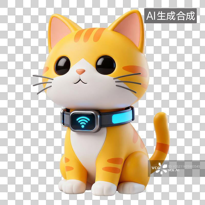 【AI数字艺术】3D拟物风格萌宠经济宠物生活系列元素猫咪戴着智能项圈图片素材