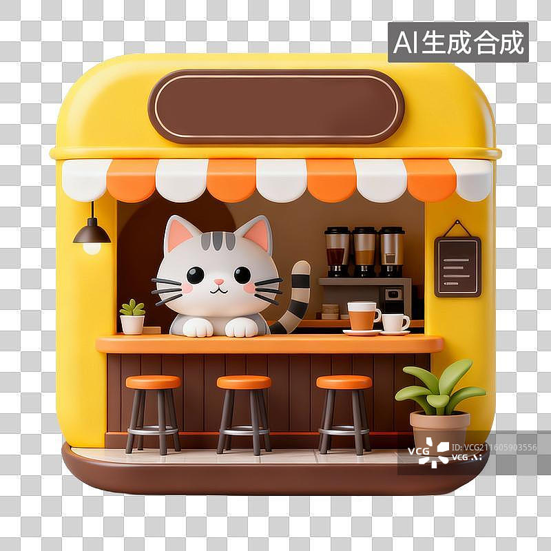 【AI数字艺术】3D拟物风格萌宠经济宠物生活系列元素猫咪主题咖啡厅图片素材