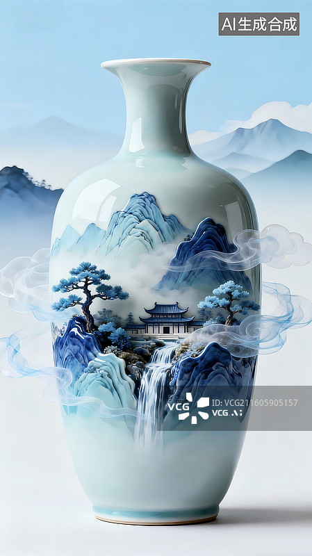 【AI数字艺术】博物馆创意山水中国画花瓶保护文物场景图片素材