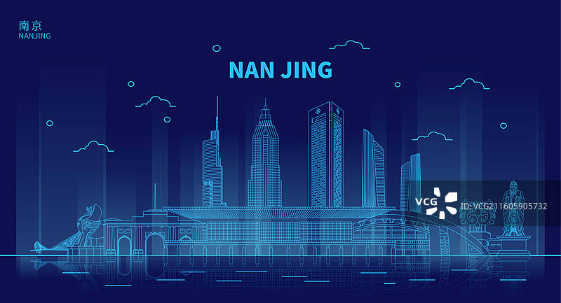 夜晚南京地标建筑群天际线蓝色科技线条矢量插画海报设计模板图片素材