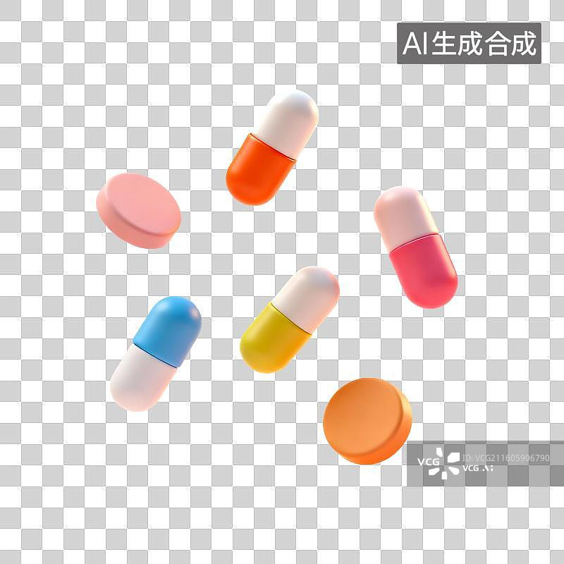 【AI数字艺术】3D渲染，粘土风格，许多卡通胶囊，药丸，医院医疗医药安全，免抠元素图片素材