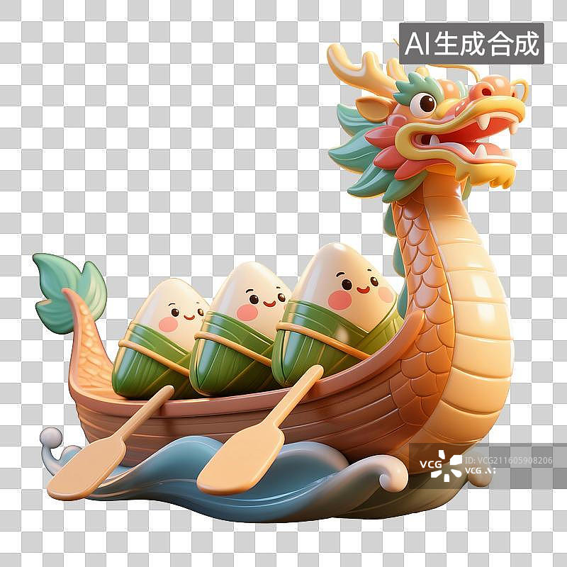 【AI数字艺术】3D渲染，龙舟与粽子，赛龙舟，划龙舟，端午节，传统节日，中国传统美食，免抠元素图片素材