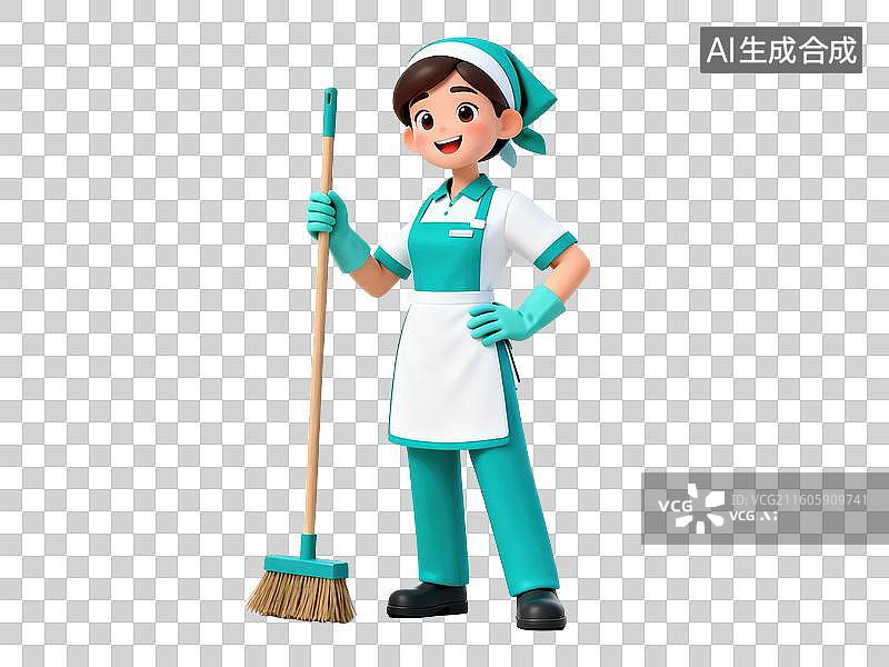 【AI数字艺术】清洁工手持扫帚站立图片素材