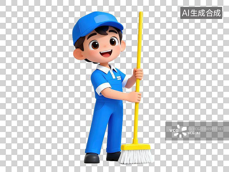 【AI数字艺术】卡通清洁工手持扫帚图片素材