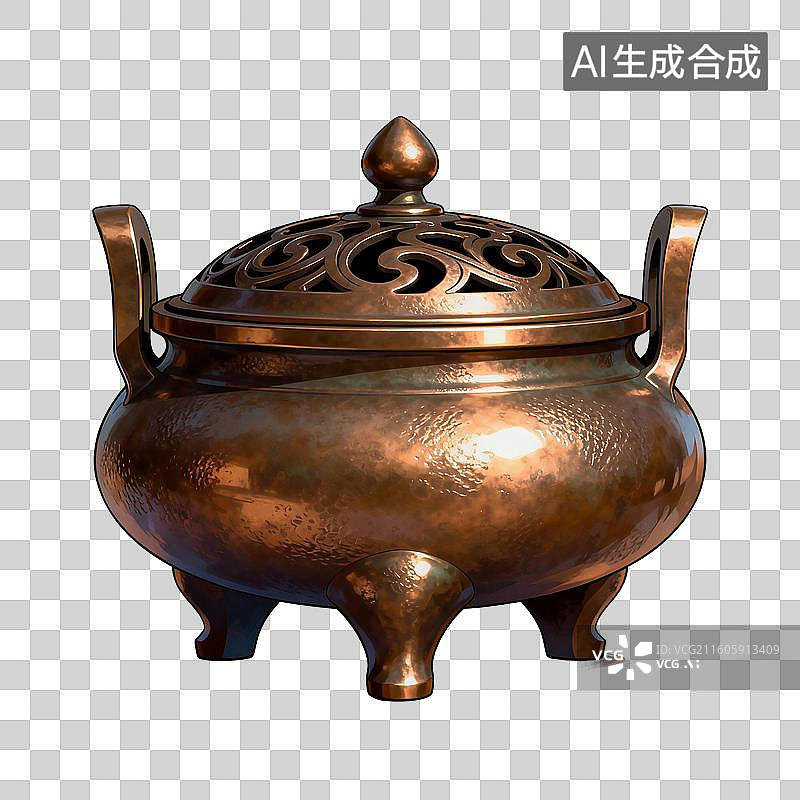 【AI数字艺术】手绘插画，中国风香炉，铜香炉，清明节祭祀祭奠，焚香，沉香，香道，香文化，免抠元素图片素材