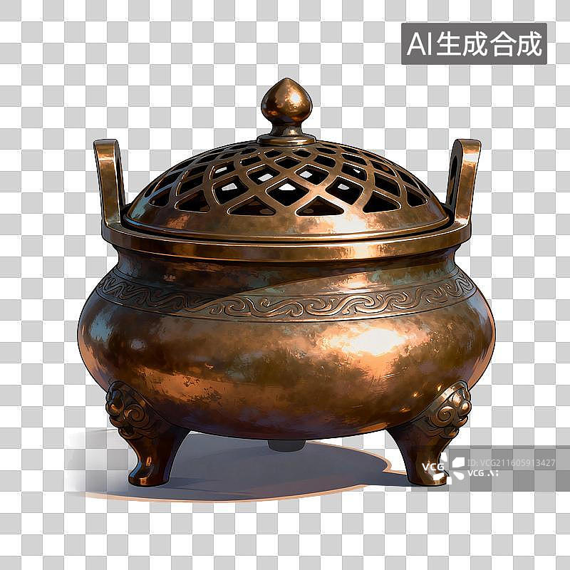 【AI数字艺术】手绘插画，中国风香炉，铜香炉，清明节祭祀祭奠，焚香，沉香，香道，香文化，免抠元素图片素材