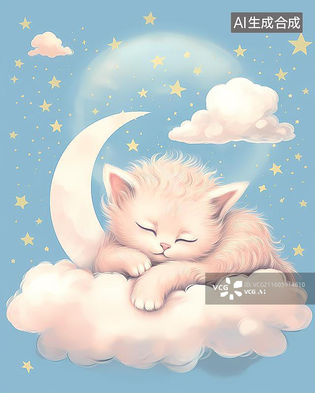 【AI数字艺术】卡通治愈系月亮小猫插图图片素材