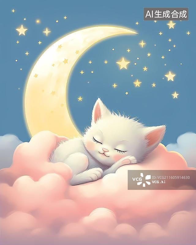 【AI数字艺术】卡通治愈系月亮小猫插图图片素材