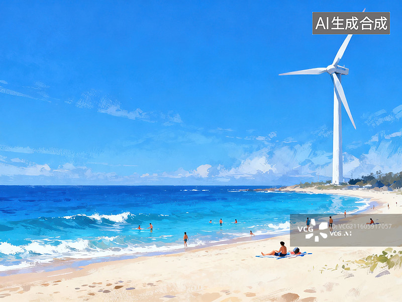 【AI数字艺术】海滩上的风力发电机图片素材