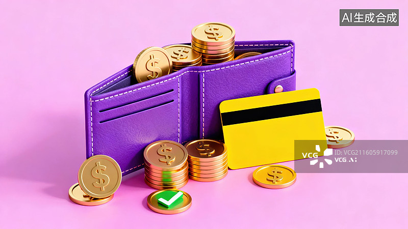 【AI数字艺术】紫色钱包与金币信用卡图片素材