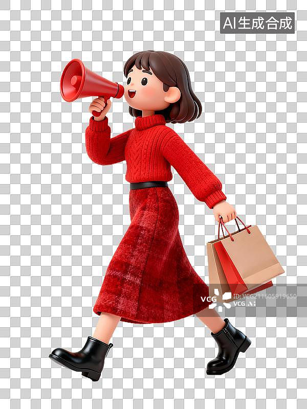 【AI数字艺术】3D卡通电商促销时尚女孩拿着喇叭提着购物袋图片素材