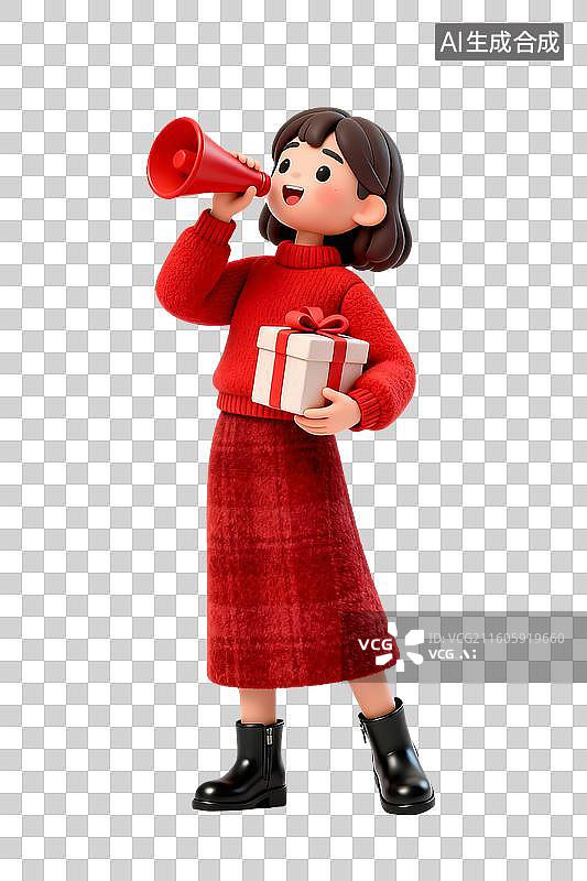 【AI数字艺术】3D卡通电商促销时尚女孩女孩拿着喇叭抱着礼盒图片素材