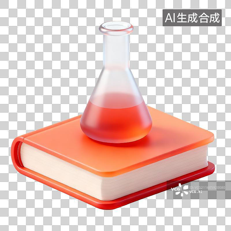 【AI数字艺术】3D卡通磨砂玻璃学习物品元素烧瓶书本组合图片素材