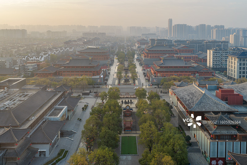 西安市大唐不夜城日出航拍风光图片素材