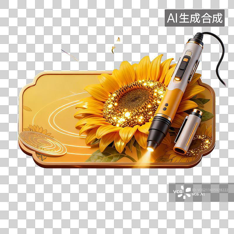 【AI数字艺术】创意3D打印笔与金色向日葵的艺术设计图片素材
