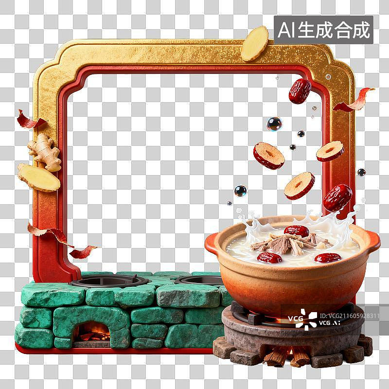 【AI数字艺术】中式传统炉灶滋补汤装饰框架图片素材