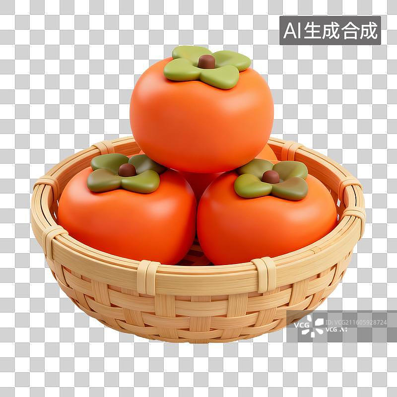【AI数字艺术】3D拟物风格二十四节气秋天秋分元素一竹筐柿子柿子树图片素材
