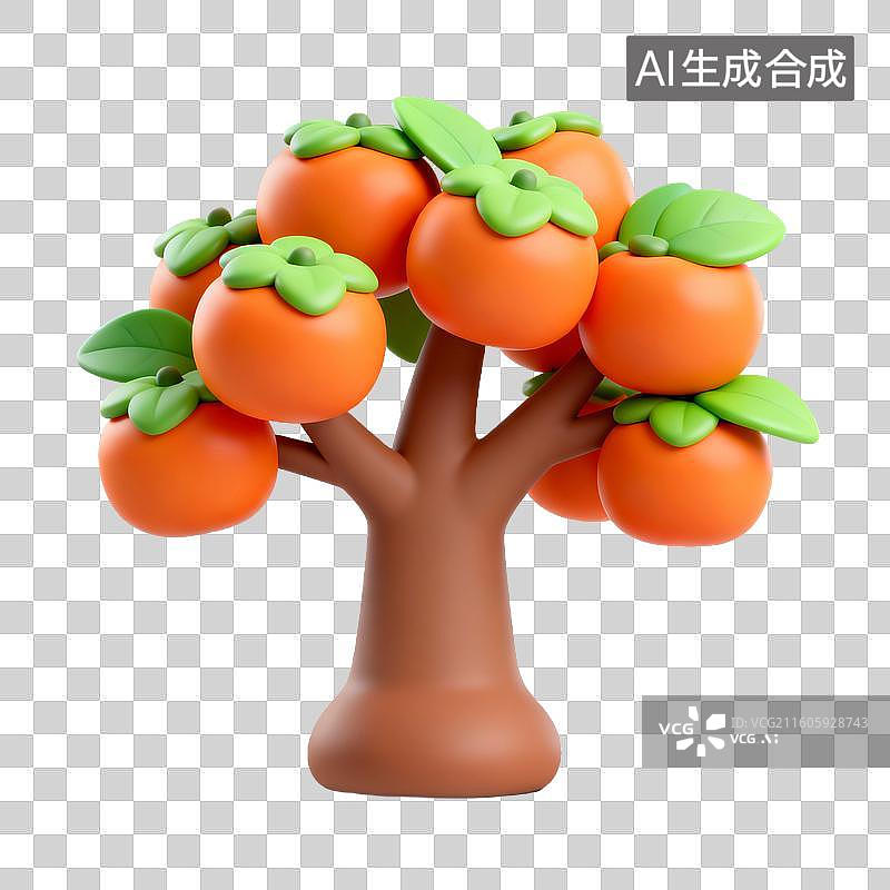 【AI数字艺术】3D拟物风格二十四节气秋天秋分元素一竹筐柿子柿子树图片素材