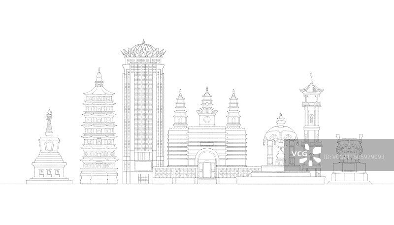 内蒙古呼和浩特城市地标建筑插画线稿图片素材